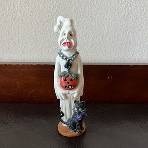 Vtg Halloween Ghost Figurine w/ Pumpkin Chain Necklace & Black Cat